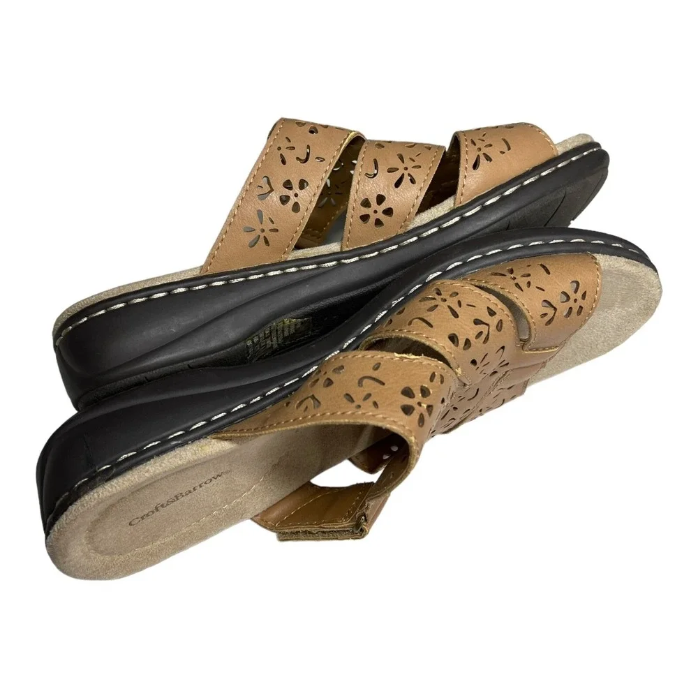 Croft & Barrow 7 Tan Slide Sandals Floral Laser Cut Comfort Boho Cottagecore